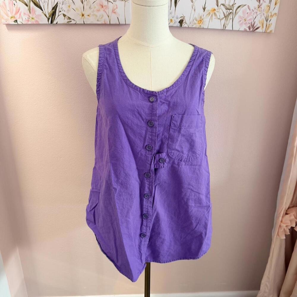 Vintage Purple Button Front Tank Top | 100% Cotton Minimalist Pocket Top | S